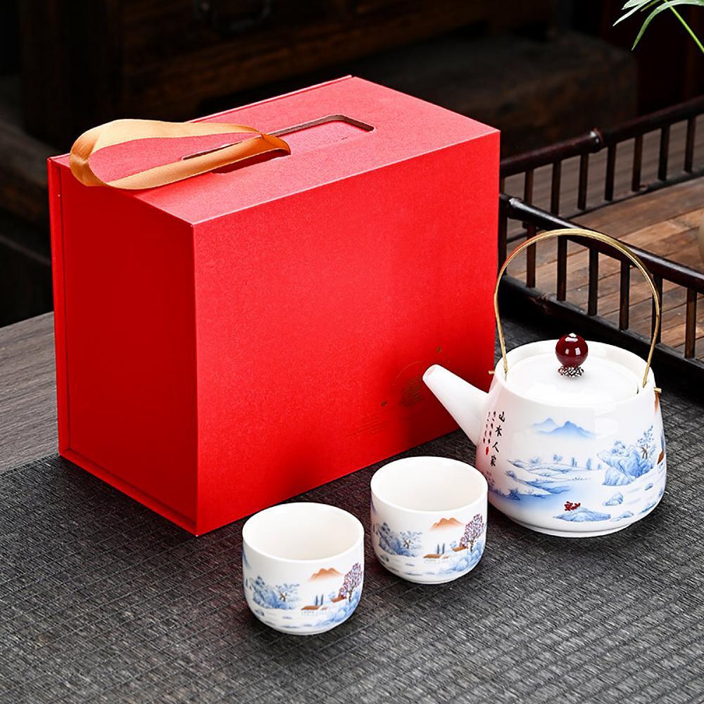 Skopový nefritový bílý porcelán Japonský čajový set - Modrá a bílá krajinná rodina (rovný šálek)