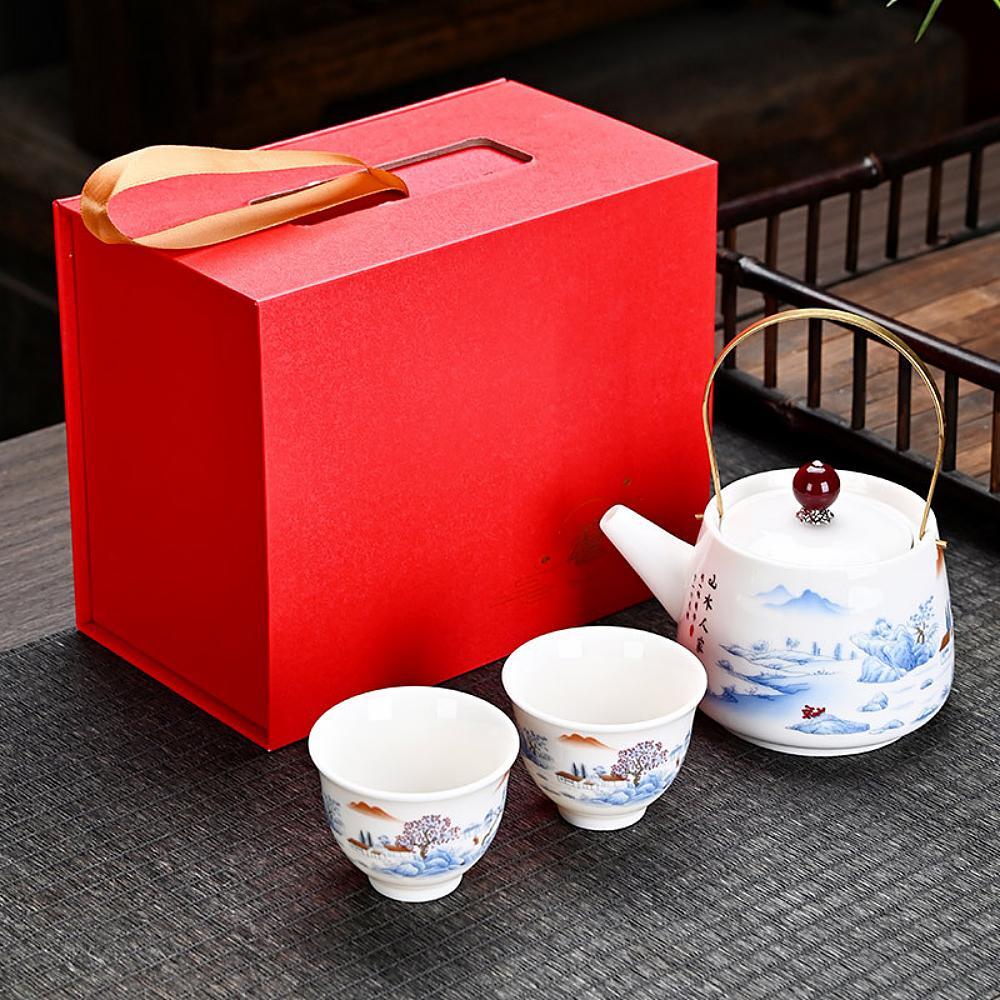 Skopový nefritový bílý porcelán Japonský čajový set - Modrá a bílá krajinná rodina (reflexní šálek)